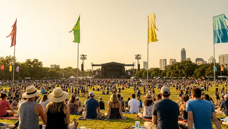 A festival crowd at Zilker Park in Austin during ACL Fest, the skyline behind.