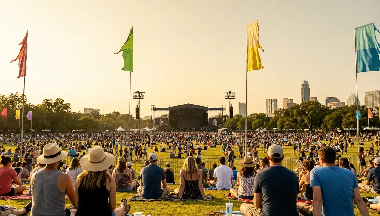 A festival crowd at Zilker Park in Austin during ACL Fest, the skyline behind.