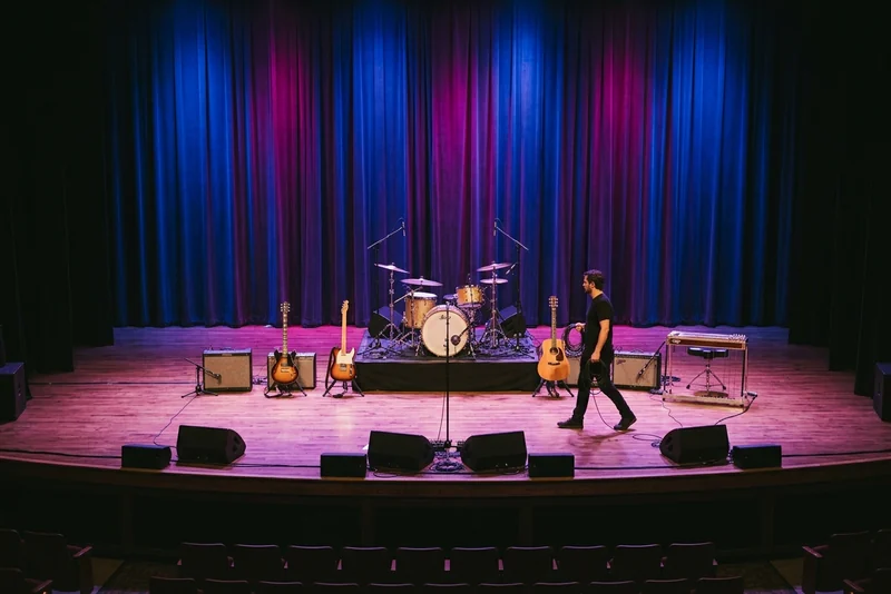 The stage at ACL Live in Austin before a show, with drums, guitars and pedal steel.
