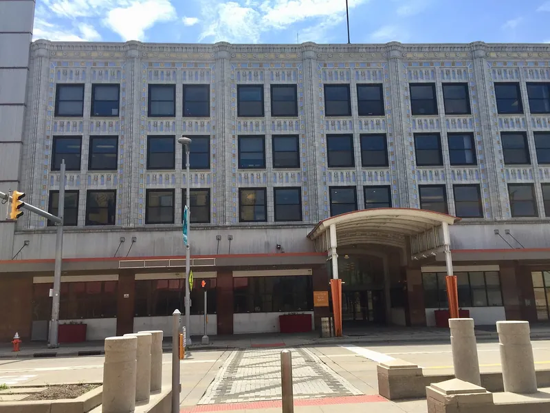 The Agora Theatre and Ballroom on Euclid Avenue in Cleveland, with its arched entrance canopy.