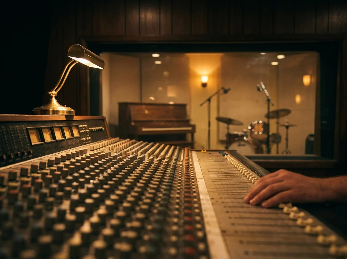 An analog mixing desk in a Music Row studio in Nashville, drums behind the glass.