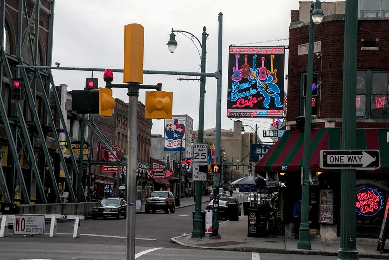 Beale Street in Memphis, a walking street of blues clubs and bars with neon signs.