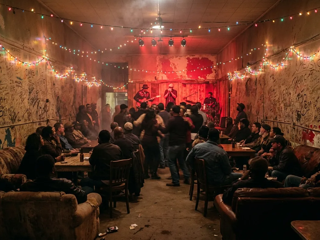 A blues band under red light in a crowded Clarksdale juke joint with scribbled walls.