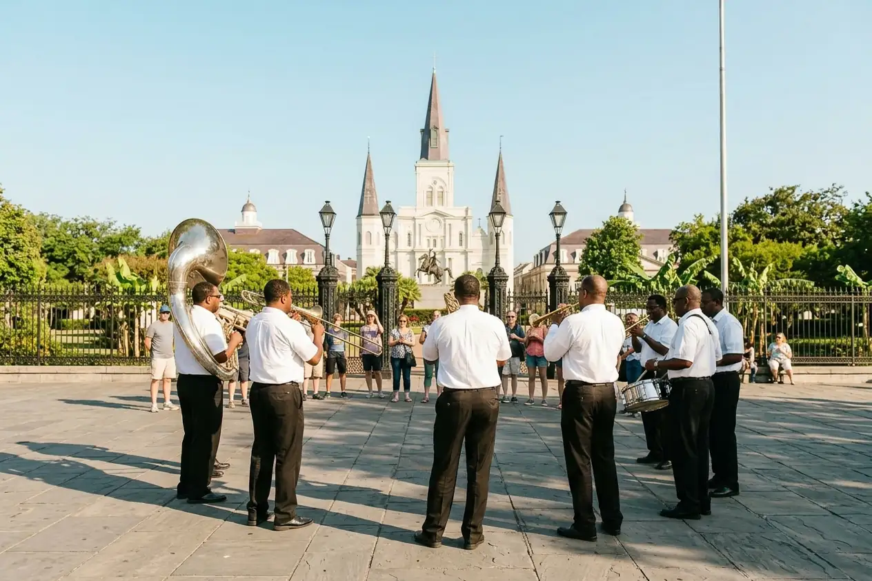 A brass band in white shirts playing in Jackson Square, New Orleans, before St. Louis Cathedral.
