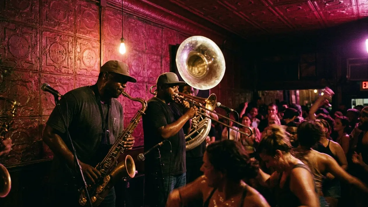 A brass band playing to a dancing crowd at the Maple Leaf Bar in New Orleans.
