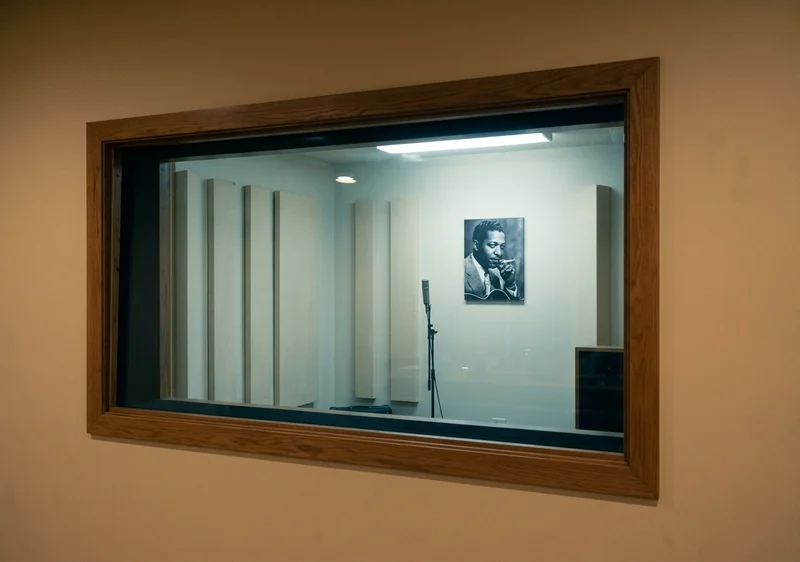 The small recording booth at the old Chess studio in Chicago, seen from the control room.