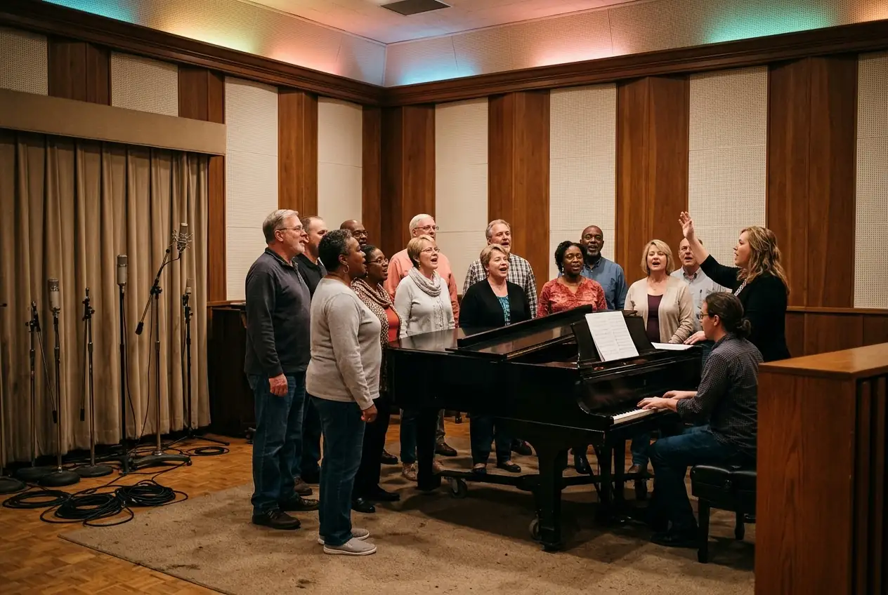 A choir of adults singing around a black grand piano in a wood-walled recording studio.