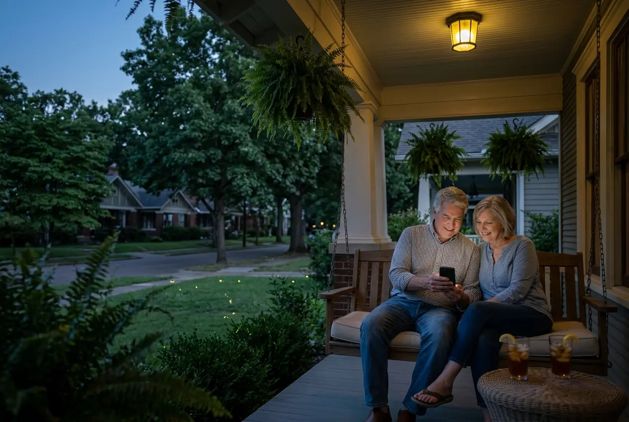 An older couple on a porch swing looking at a phone together on a summer evening.