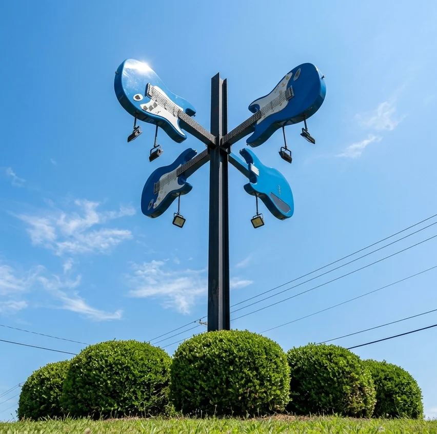 The crossroads sign in Clarksdale, Mississippi: blue guitars on a tall pole above round hedges.