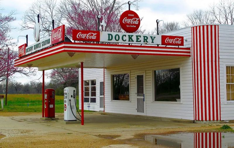 The old service station and cotton gin buildings at Dockery Farms in the Mississippi Delta.