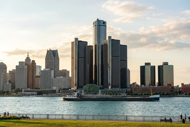 Downtown Detroit across the Detroit River, with a freighter passing below the tall round towers.