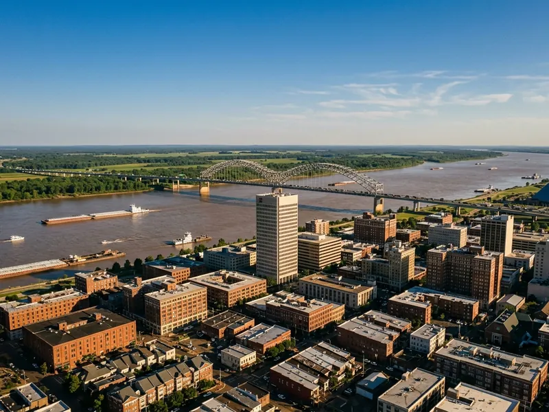 Downtown Memphis from above, with the Mississippi River, barges and the arched Hernando de Soto Bridge.