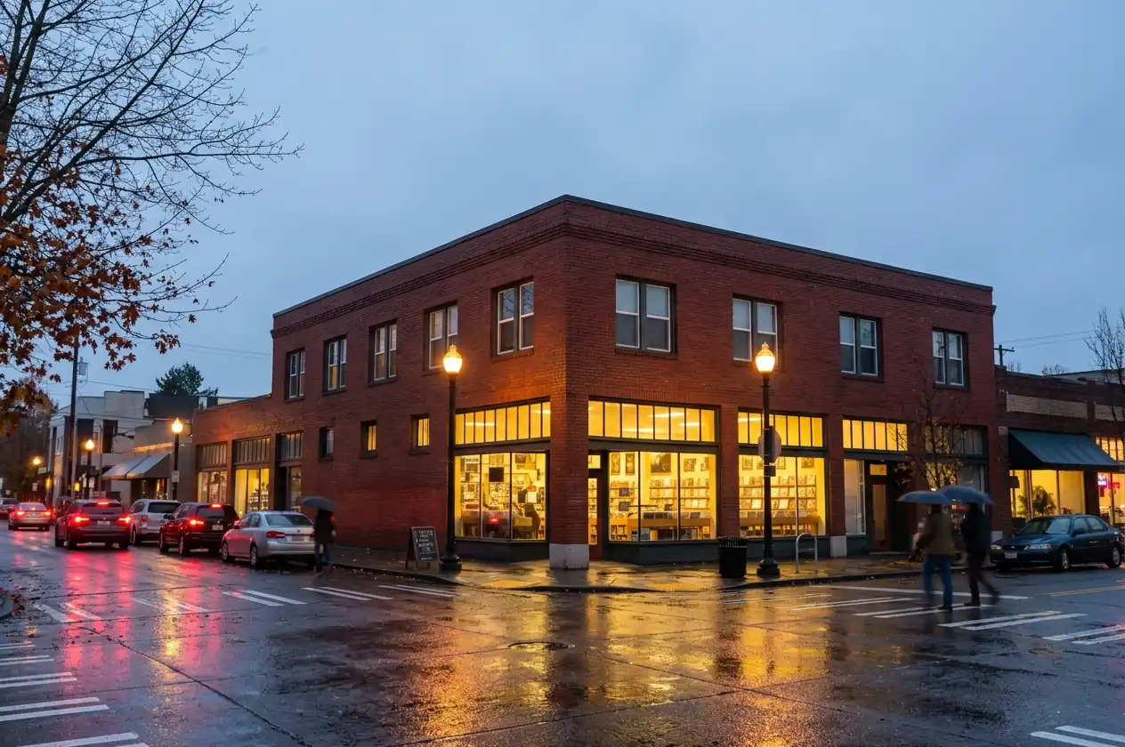 Easy Street Records in West Seattle, a brick corner store lit on a rainy evening.