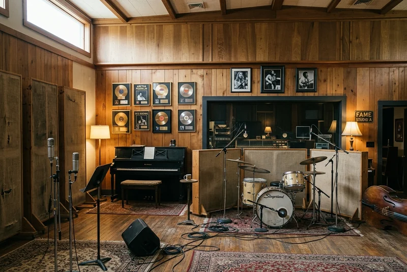 Studio A at FAME in Muscle Shoals, a wood-paneled room with piano, drums and gold records.