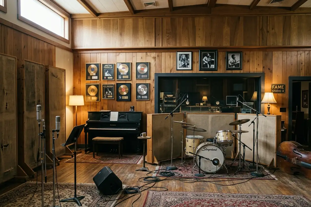 Studio A at FAME in Muscle Shoals, a wood-paneled room with piano, drums and gold records.