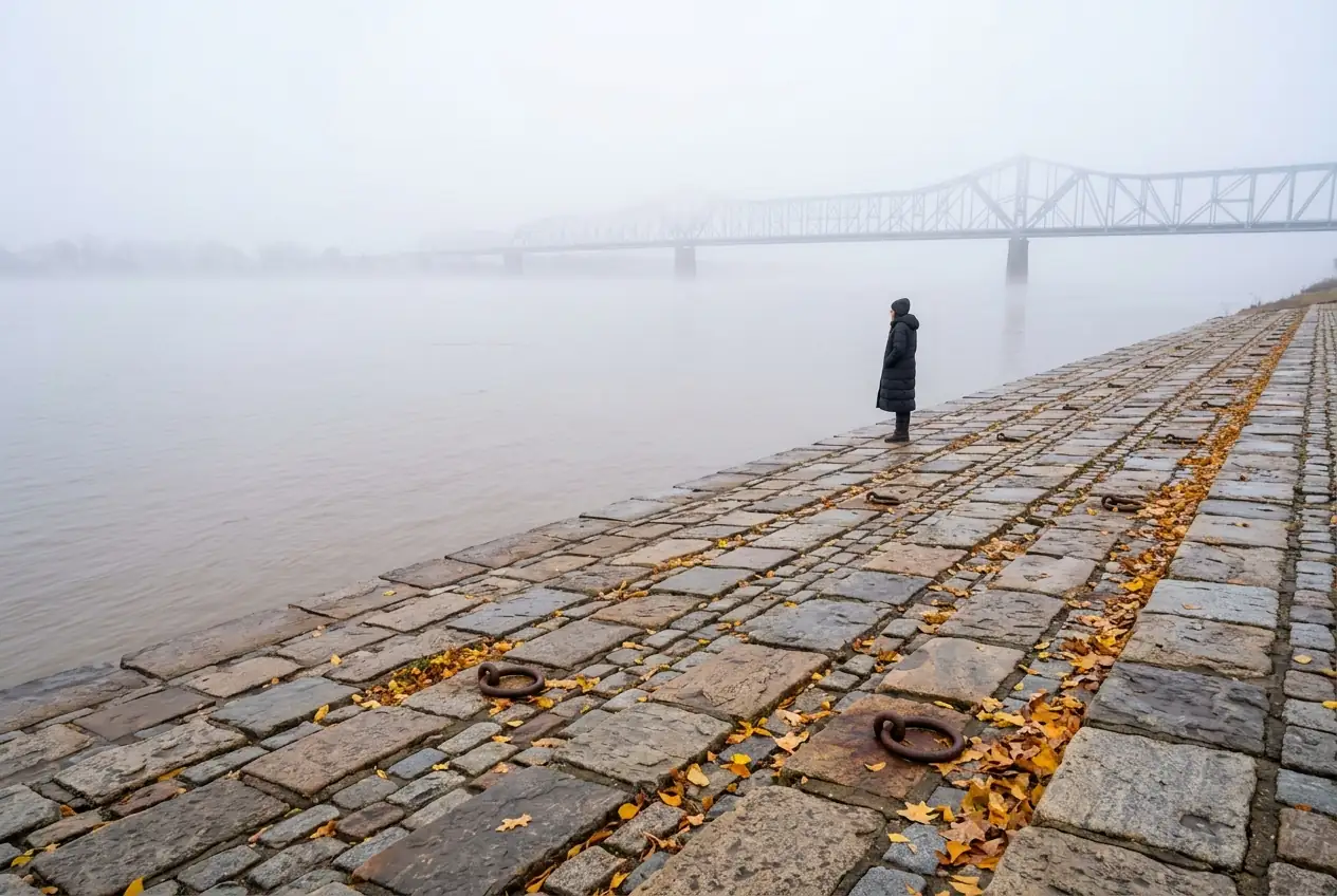 A lone figure on the foggy cobblestone landing by the Mississippi River in Memphis.