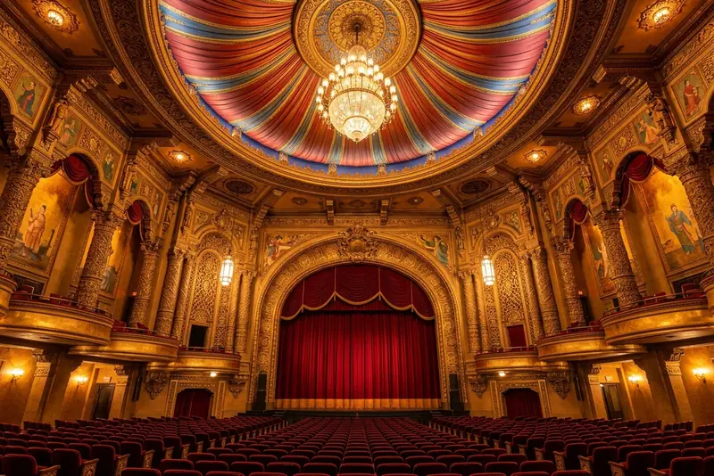 The empty auditorium of the Fox Theatre in Detroit, with red seats and a gilded arch.