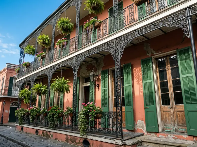 A coral-pink French Quarter townhouse in New Orleans with lacy iron balconies and green shutters.
