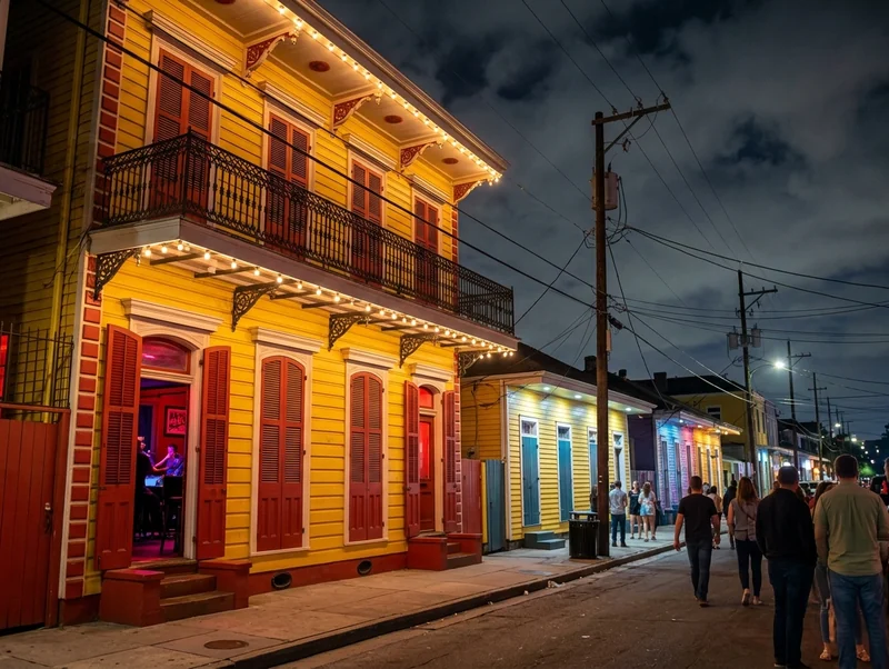 A yellow and red Creole building with a balcony on Frenchmen Street, New Orleans, at night.