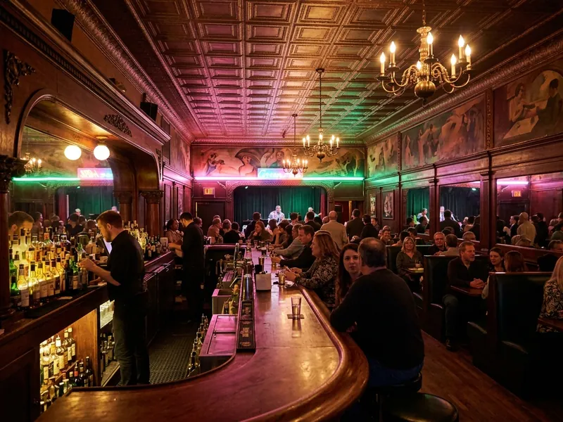 The busy interior of the Green Mill jazz club in Chicago, with its long curved bar.