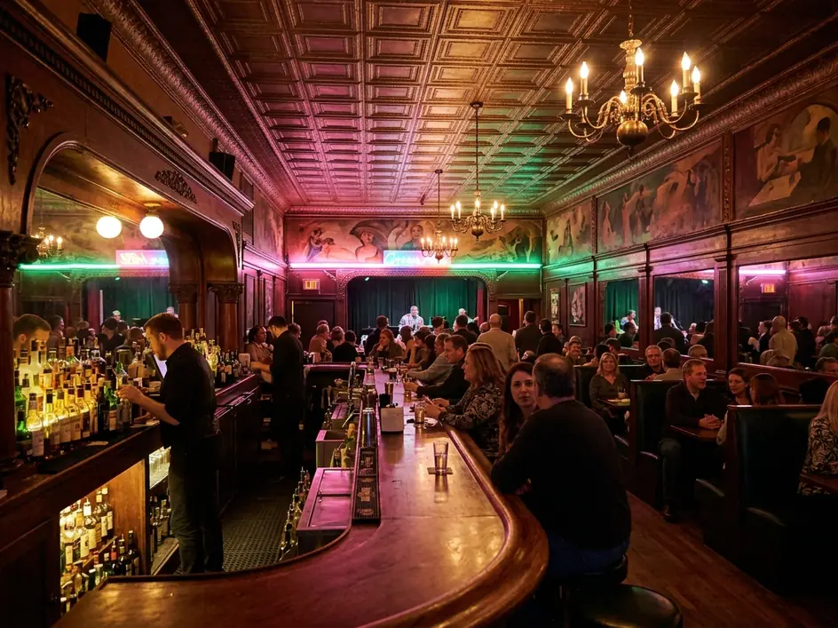 The busy interior of the Green Mill jazz club in Chicago, with its long curved bar.