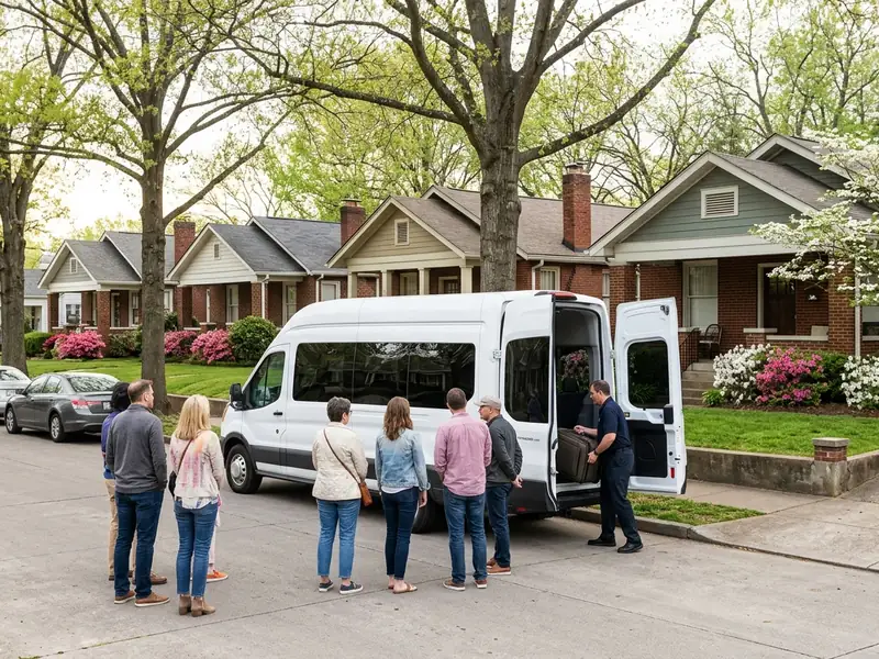Guests waiting by our white passenger van while the driver loads a suitcase.