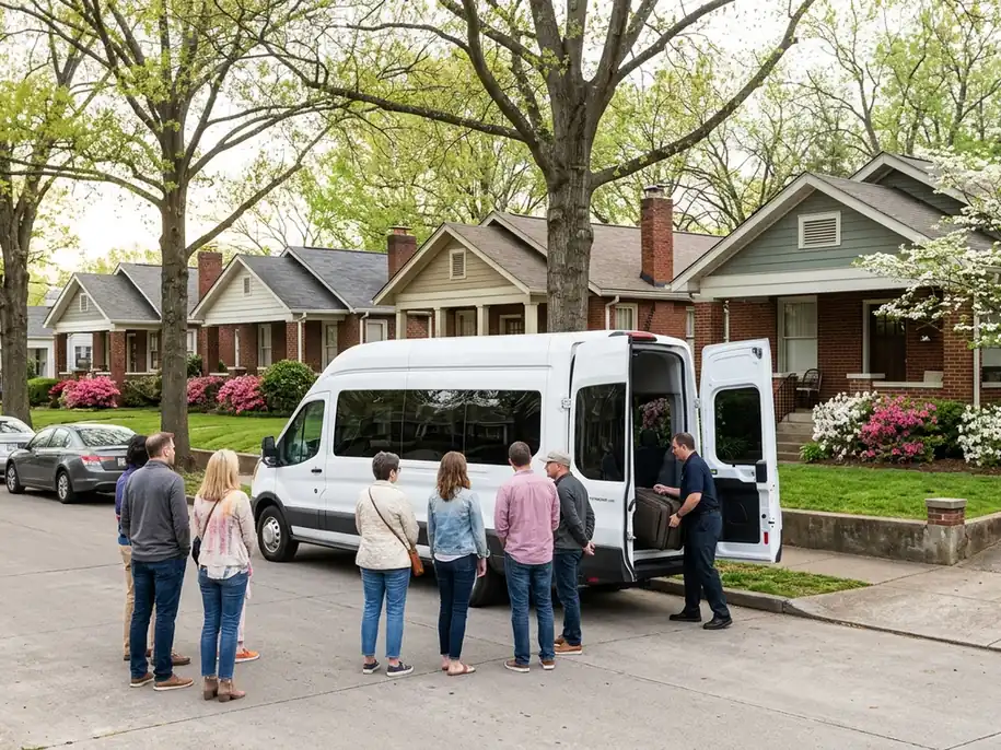 Guests waiting by our white passenger van while the driver loads a suitcase.
