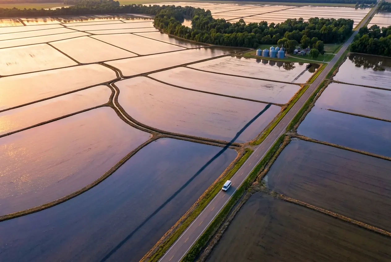 A two-lane highway across flooded rice fields in the Mississippi Delta at golden hour.