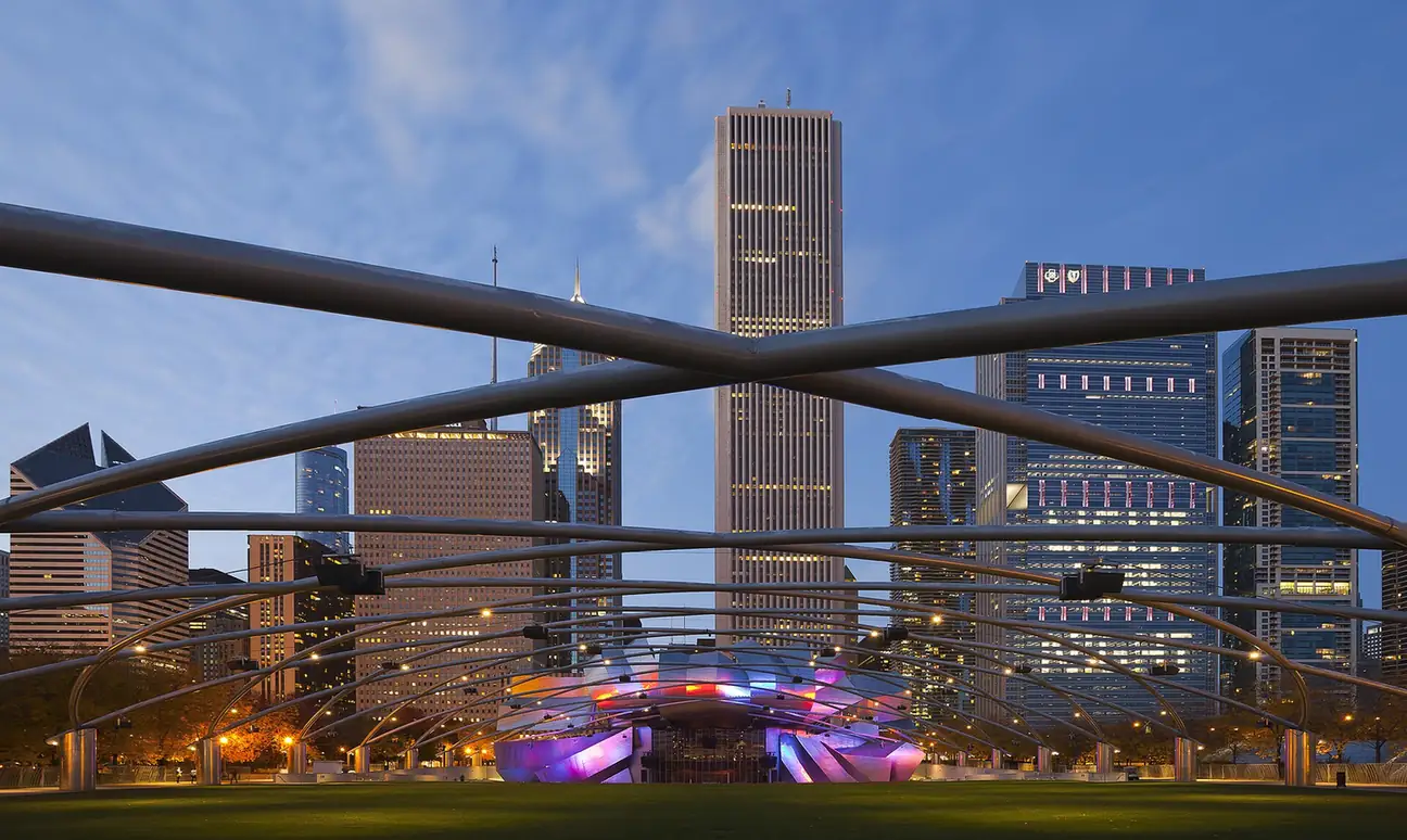 The steel band shell of the Jay Pritzker Pavilion in Millennium Park, Chicago.
