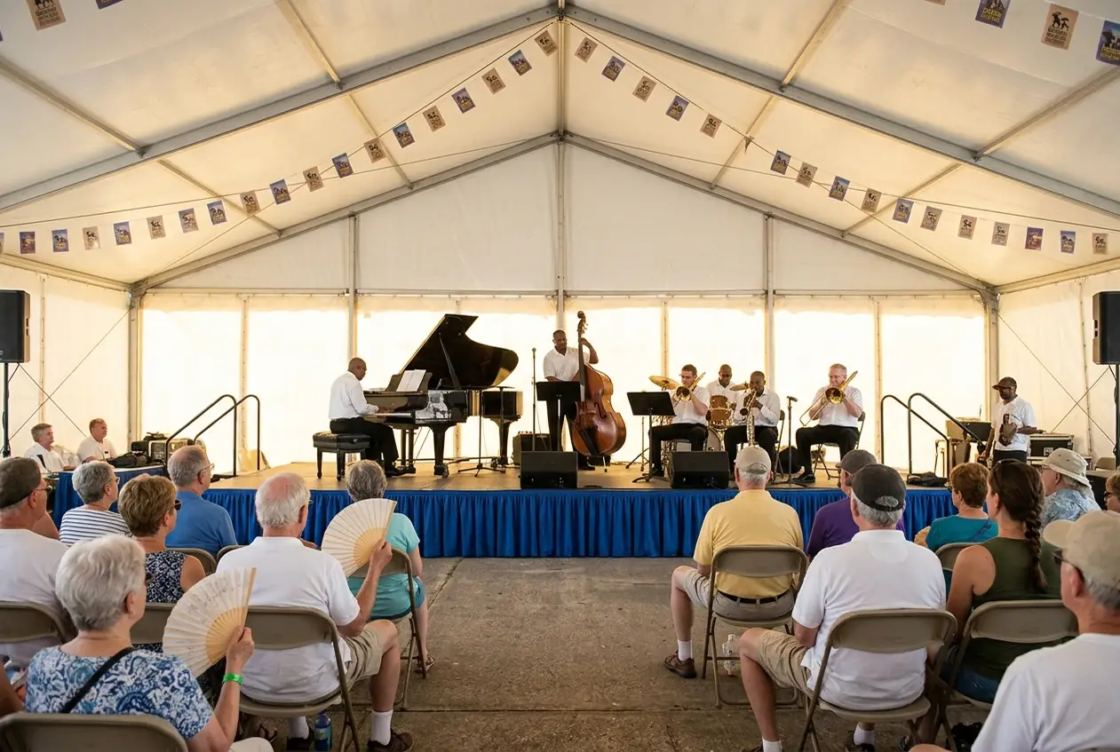 A jazz band playing to a seated crowd in a tent at New Orleans Jazz Fest.