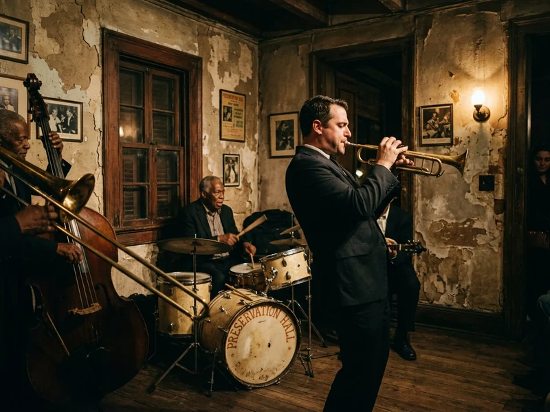 A traditional jazz band playing trumpet, drums, bass and trombone in Preservation Hall, New Orleans.