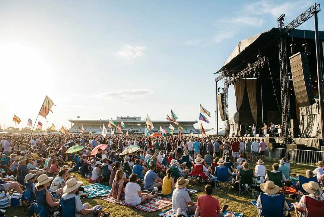 A big crowd on blankets facing an outdoor stage at Jazz Fest in New Orleans.