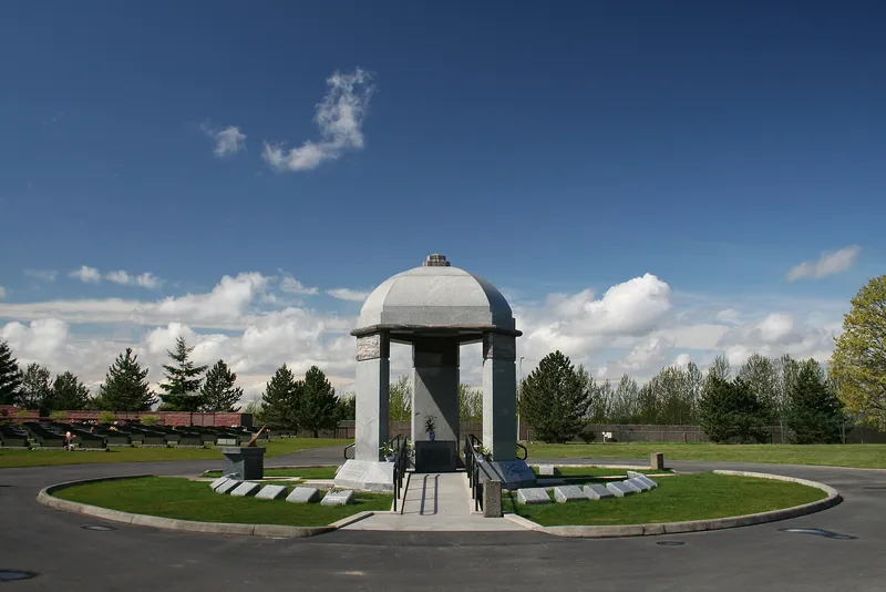 The domed granite memorial over Jimi Hendrix's grave at Greenwood Memorial Park in Renton, near Seattle.