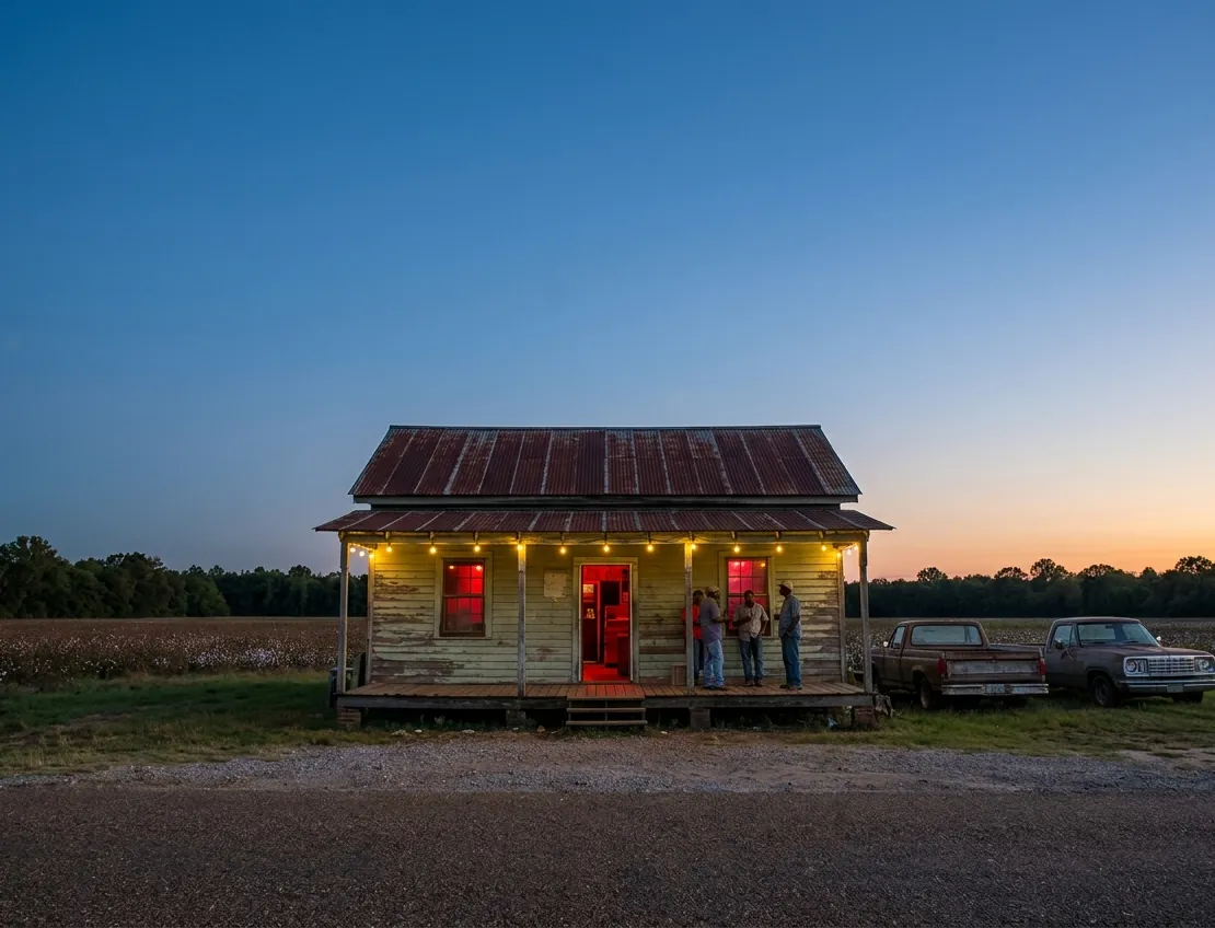 A tin-roofed juke joint beside a cotton field in the Mississippi Delta at blue hour.