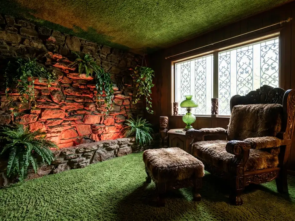 The Jungle Room at Graceland in Memphis, with green shag carpet and a stone wall.