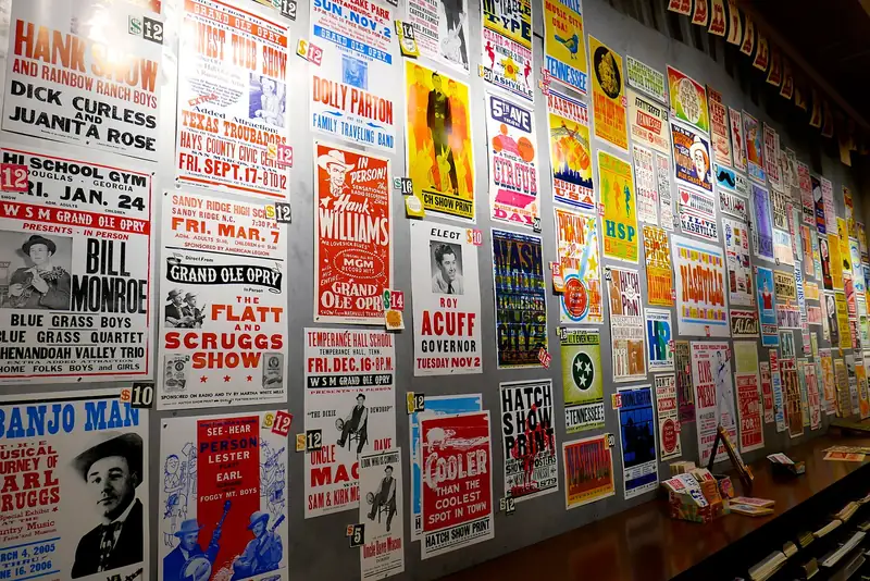 Letterpress concert posters on the wall at Hatch Show Print in Nashville.