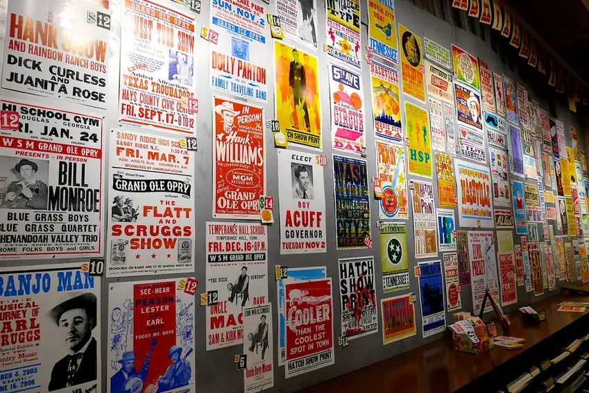 Letterpress concert posters on the wall at Hatch Show Print in Nashville.