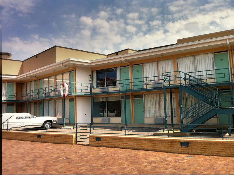 The Lorraine Motel in Memphis with turquoise doors, now the National Civil Rights Museum.