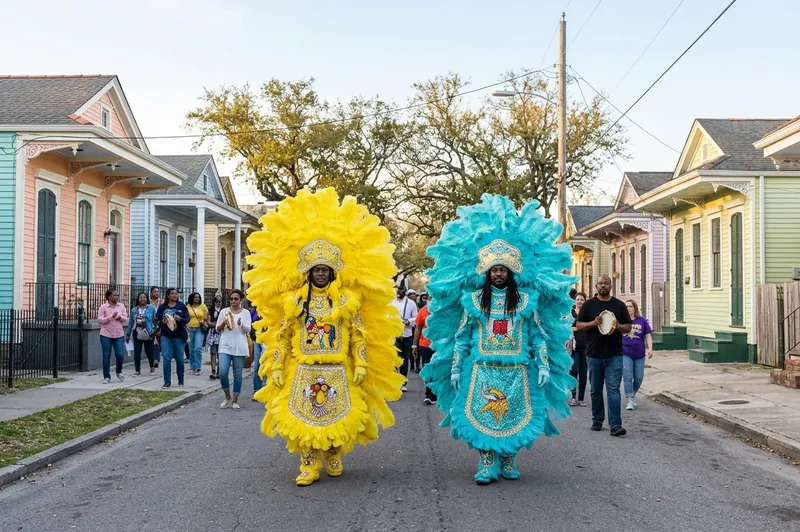Two Mardi Gras Indians in yellow and turquoise feathered suits on a New Orleans street.