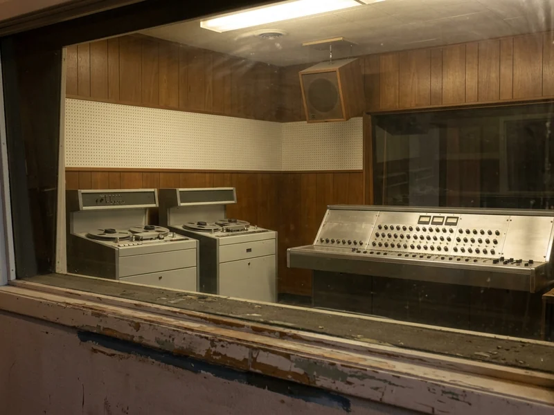 The control room of Studio A at Hitsville U.S.A. in Detroit, with two tape machines.