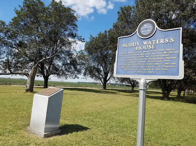 The Mississippi Blues Trail marker for Muddy Waters's house at Stovall Farms near Clarksdale.