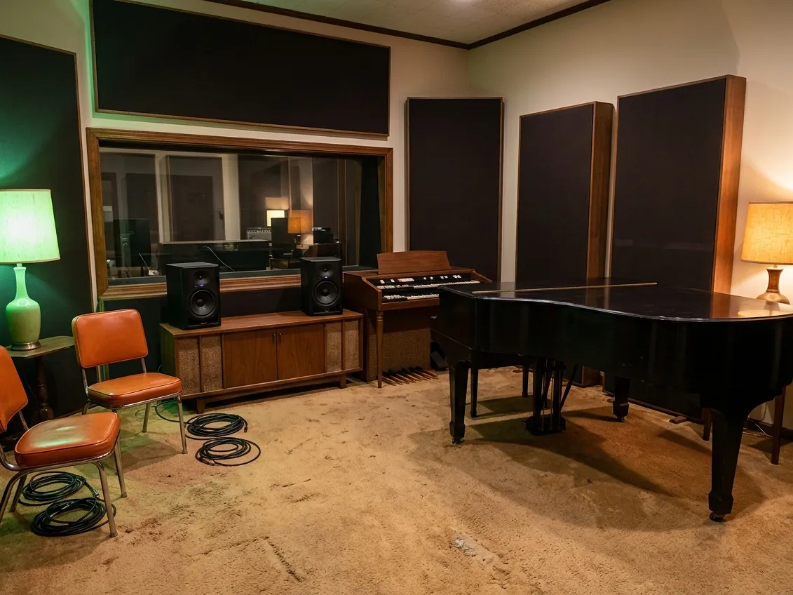 The live room of Muscle Shoals Sound Studio in Alabama, with a grand piano and organ.
