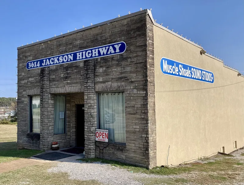 The small concrete Muscle Shoals Sound Studio at 3614 Jackson Highway in Sheffield, Alabama.