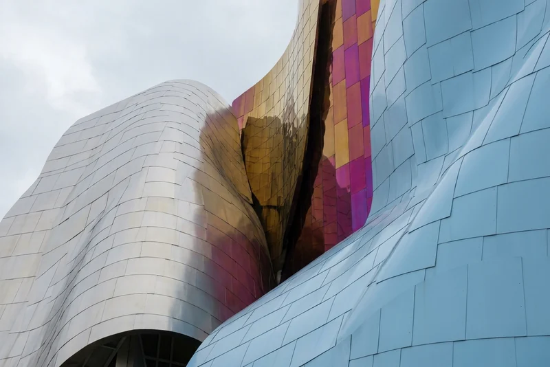 The curved metal walls of the Museum of Pop Culture in Seattle, designed by Frank Gehry.