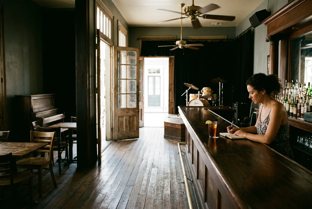 A woman writing in a notebook at the bar of an empty New Orleans music club.