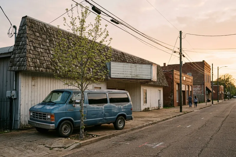 An old shingle-roofed cinema with a worn blue van outside, on a Clarksdale street.