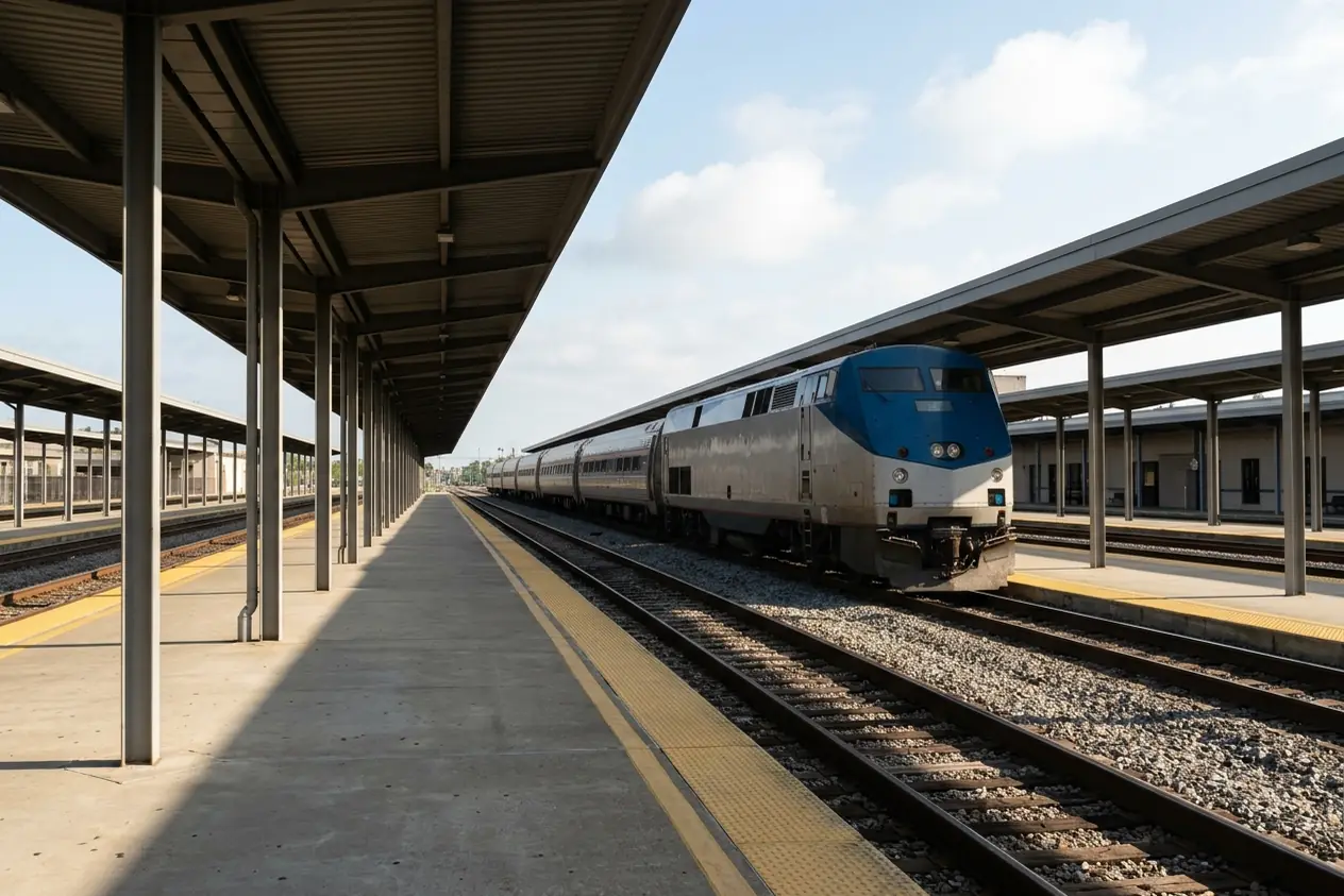A long-distance passenger train waiting under the platform canopies of the train station in New Orleans.