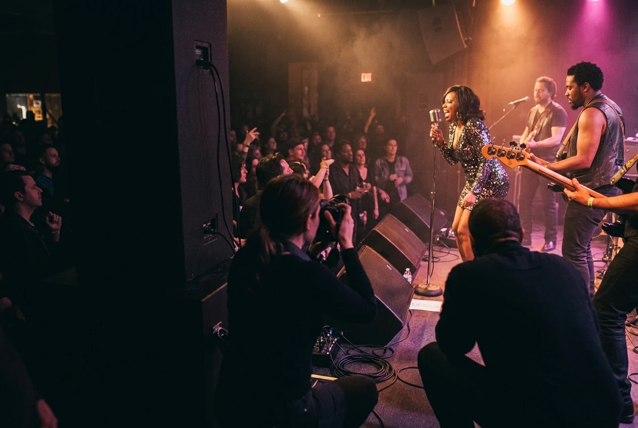 A photographer beside a club stage as a singer performs with a guitarist and bassist.