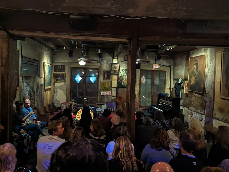 The weathered front of Preservation Hall on St. Peter Street in the New Orleans French Quarter.