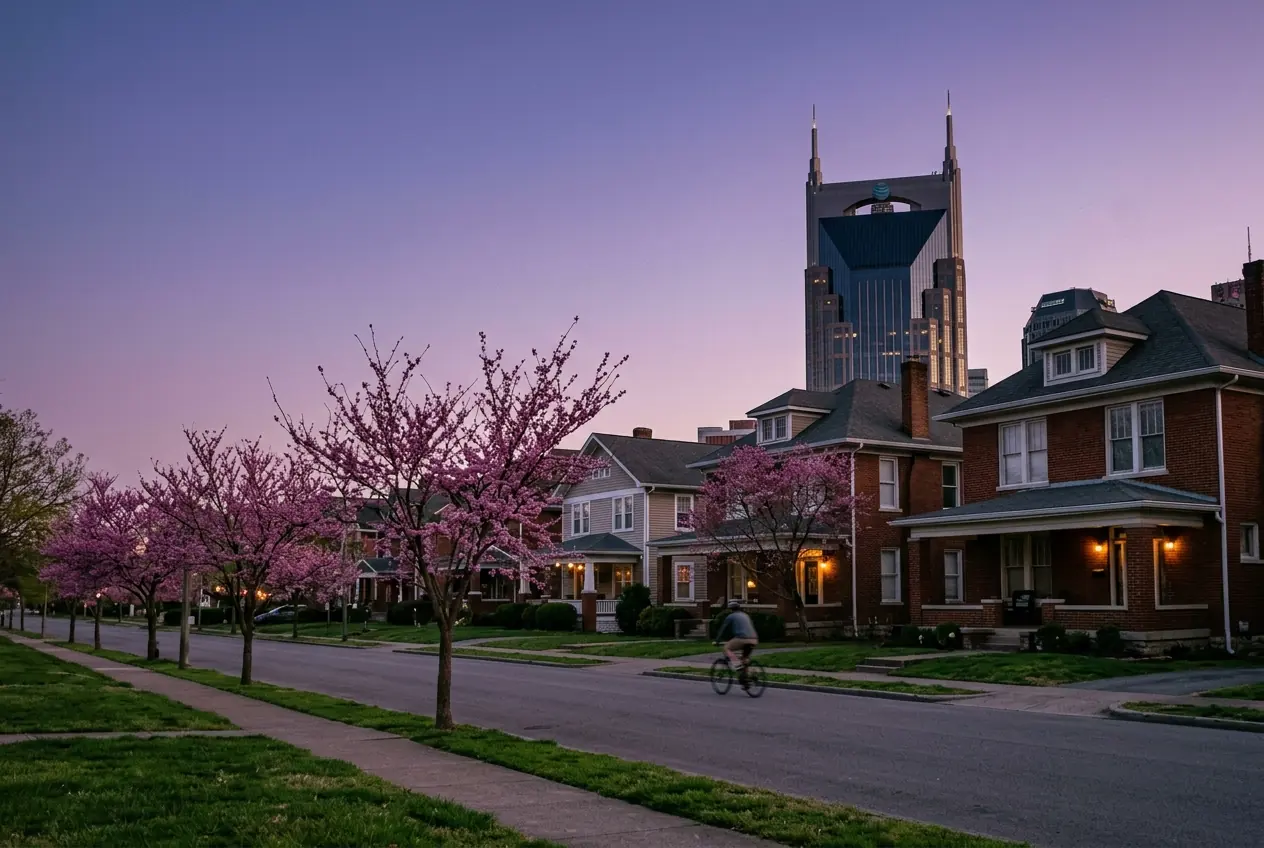 Redbud trees in pink bloom on a street of old houses near Music Row, Nashville.